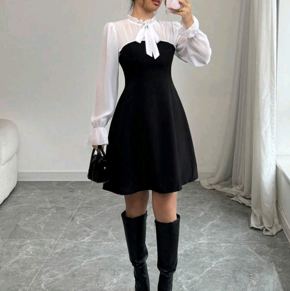 Fashion Slimming Waist A-Line Umbrella Black And White Dress, Elegant Patchwork - Picture 4 of 4